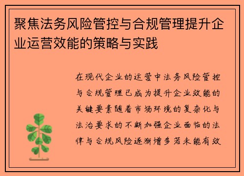 聚焦法务风险管控与合规管理提升企业运营效能的策略与实践