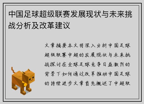 中国足球超级联赛发展现状与未来挑战分析及改革建议